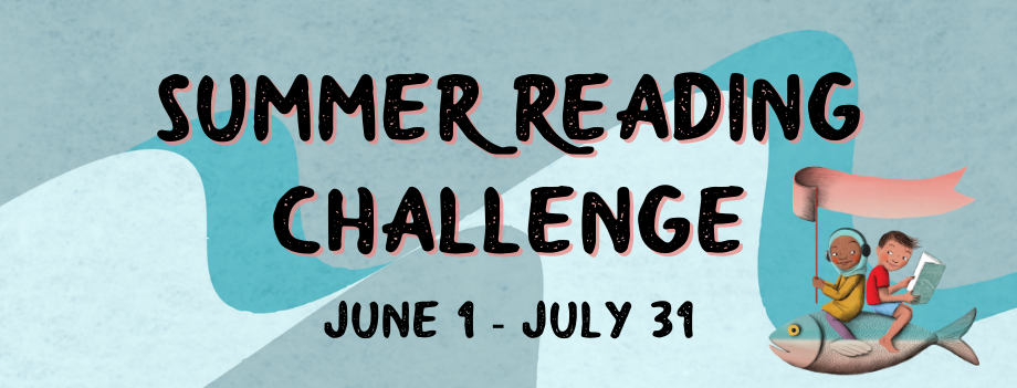 a background of ocean waves with text 'Summer Reading Challenge, June 1 - July 31' in middle