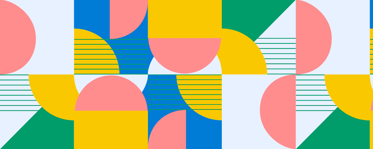 various lines and geometric shapes in pink, yellow, blue and green