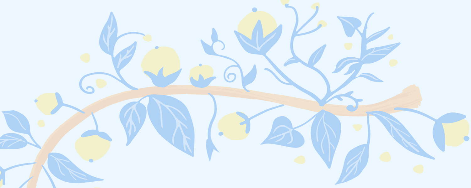a graphic of a vine with blue leaves and yellow flowers