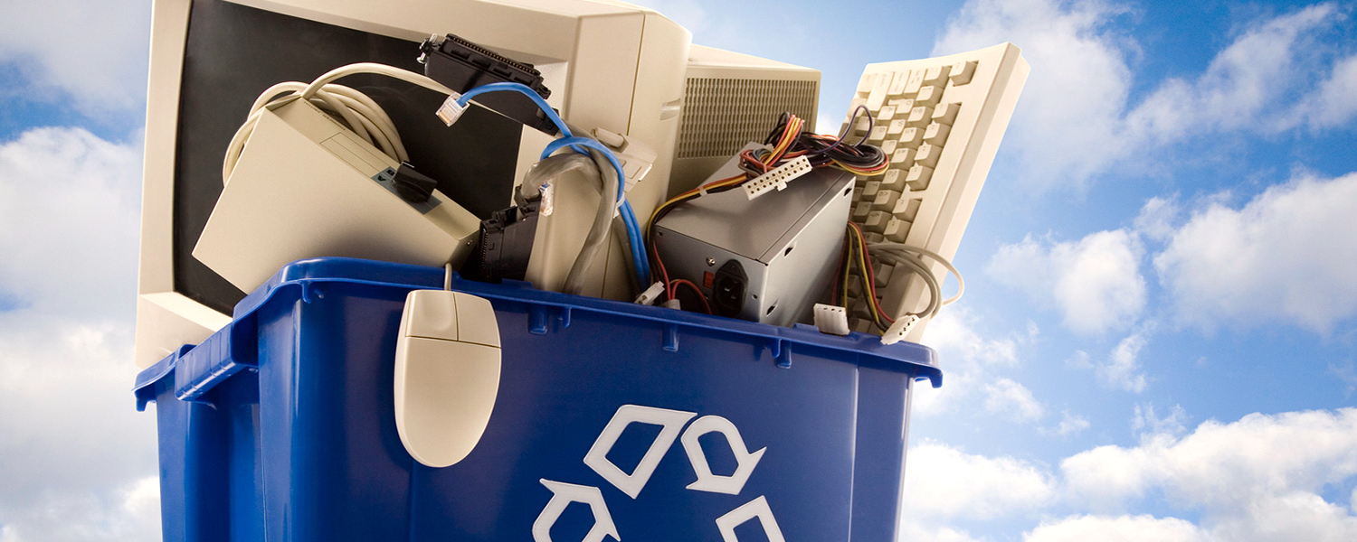 Blue Recycling Bin with Electronics