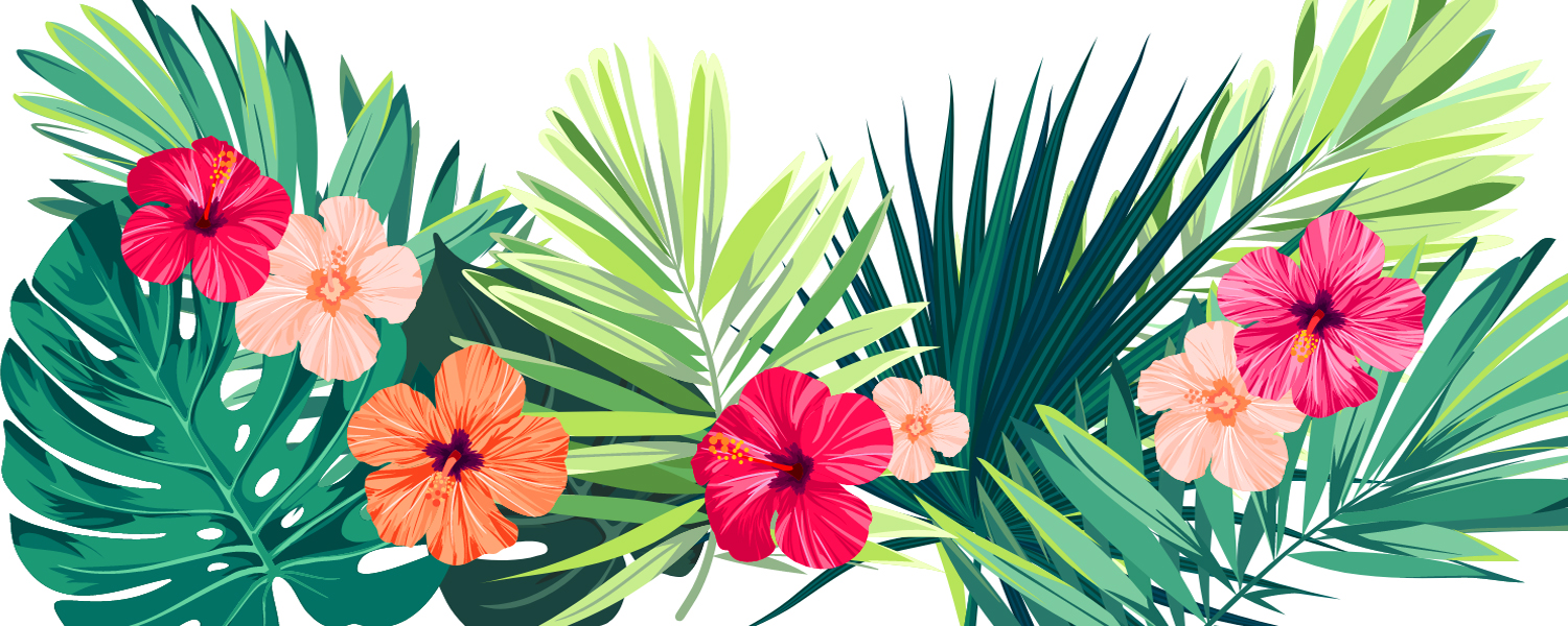 a graphic depicting brightly colored red, orange, and pink tropical flowers with green foliage