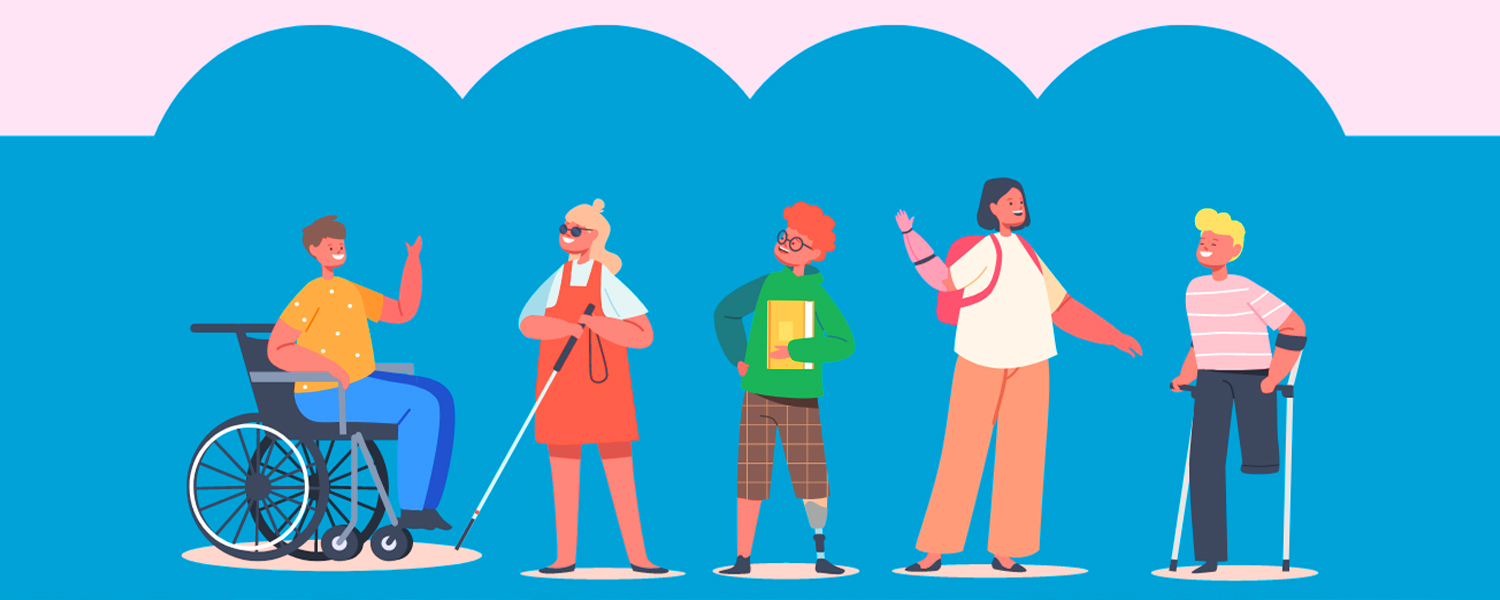 a light pink far background with a bright blue rectangular shape across the middle in front of which stand 5 people (graphics) -- 1 in a wheelchair, 1 who is blind, and 3 with different limb differences