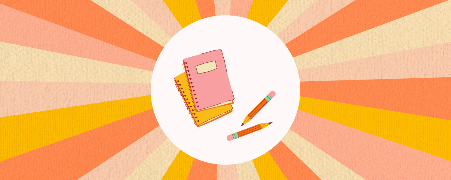 a sunburst background with a white circle in the middle; within the circle are two stacked notebooks and two pencils