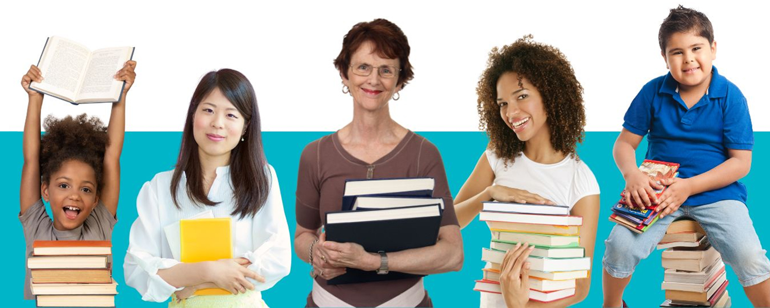 a teal background with 6 different people of various ages, genders, and ethnicities smiling
