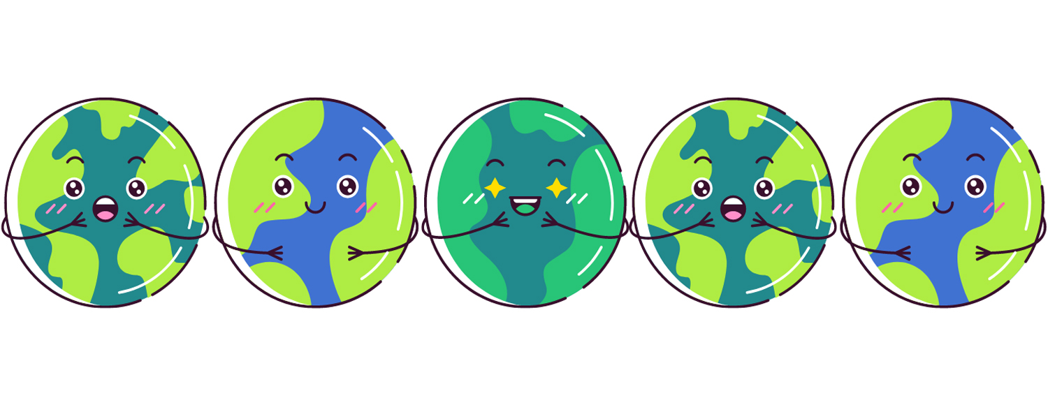 a row of 5 cutesy graphics of the Earth, all smiling
