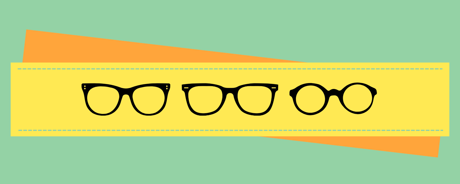 a green backgound with a yellow ruler across the middle; three pairs of glasses sit on the ruler