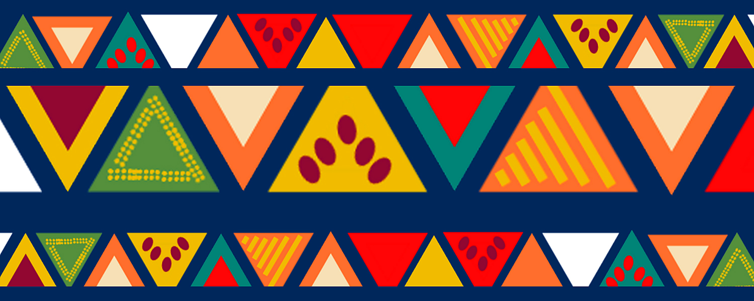 a deep blue background overlaid with three horizontal rows of triangles with many bright colors and designs