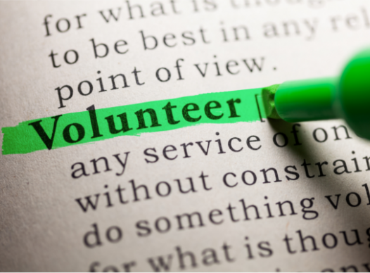 close up of the 'volunteer' entry in a dictionary with the word 'volunteer' highlighted in green