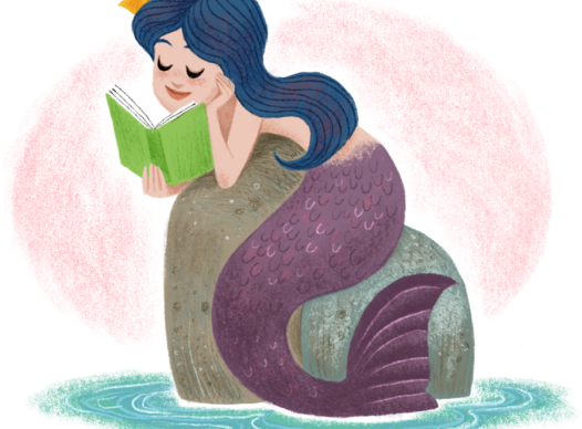 a cartoon mermaid sunning herself on a rock while reading a book