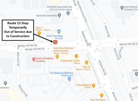 Map of Route 15 inactive stop location at Windy Hill Rd and Atlanta Rd