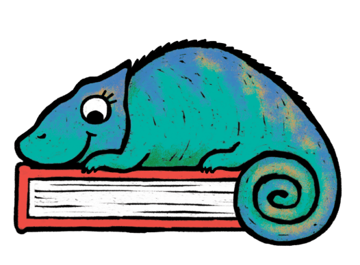 cartoon image of a blue and teal chameleon sitting on top of a red book