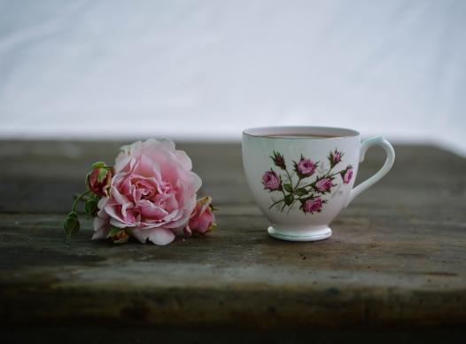 Pink rose beside white floral tea cup