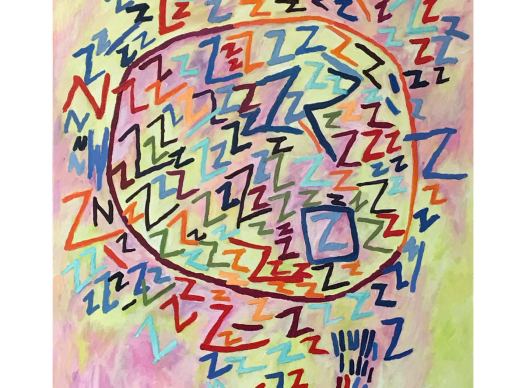 Pink and Green Background with various color z's in circular pattern