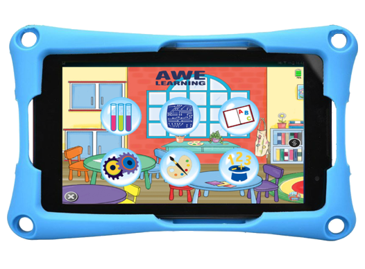 photograph of an AWE early learning tablet with blue rubber case