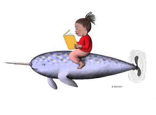a little girl reading a book while sitting on top of a giant narwhal