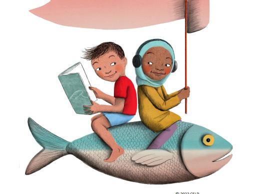 two children, one reading a book, one holding a banner, ride atop a giant blue fish