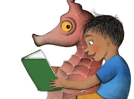 a child reading a book while riding on a giant seahorse