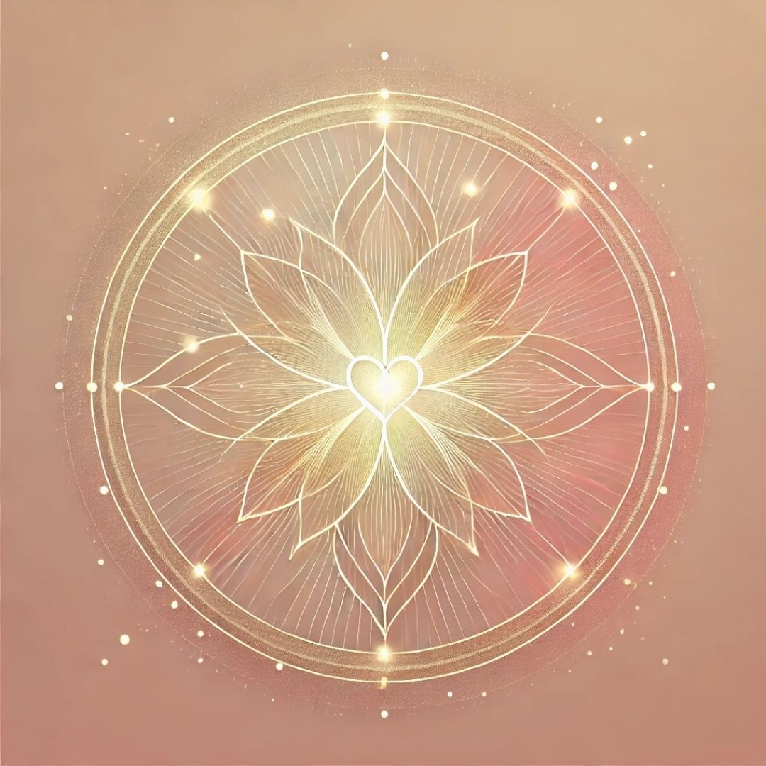 illustration symbolique d’un mandala lumineux en tons rose poudré représentant l’intégration intérieure et la synthèse du travail psychogénéalogique