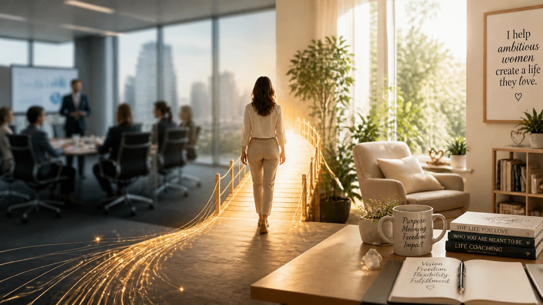 "A career-collage showing the transition from corporate consulting to personal life coaching, symbolizing a journey toward emotional clarity."