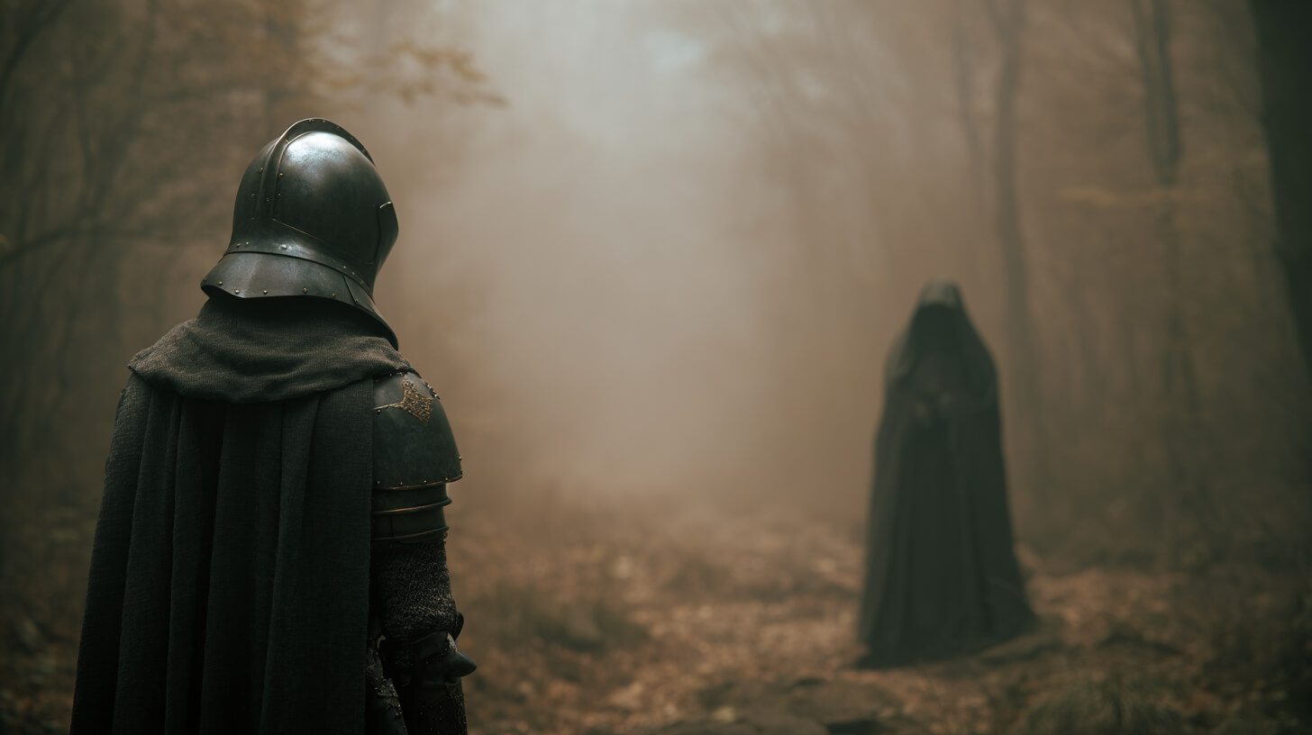 Rytíř stojící v mlze tváří v tvář zahalené ženské postavě v lese – symbol setkání s vnitřním stínem, krizí středního věku a archetypem Ohyzdné panny.