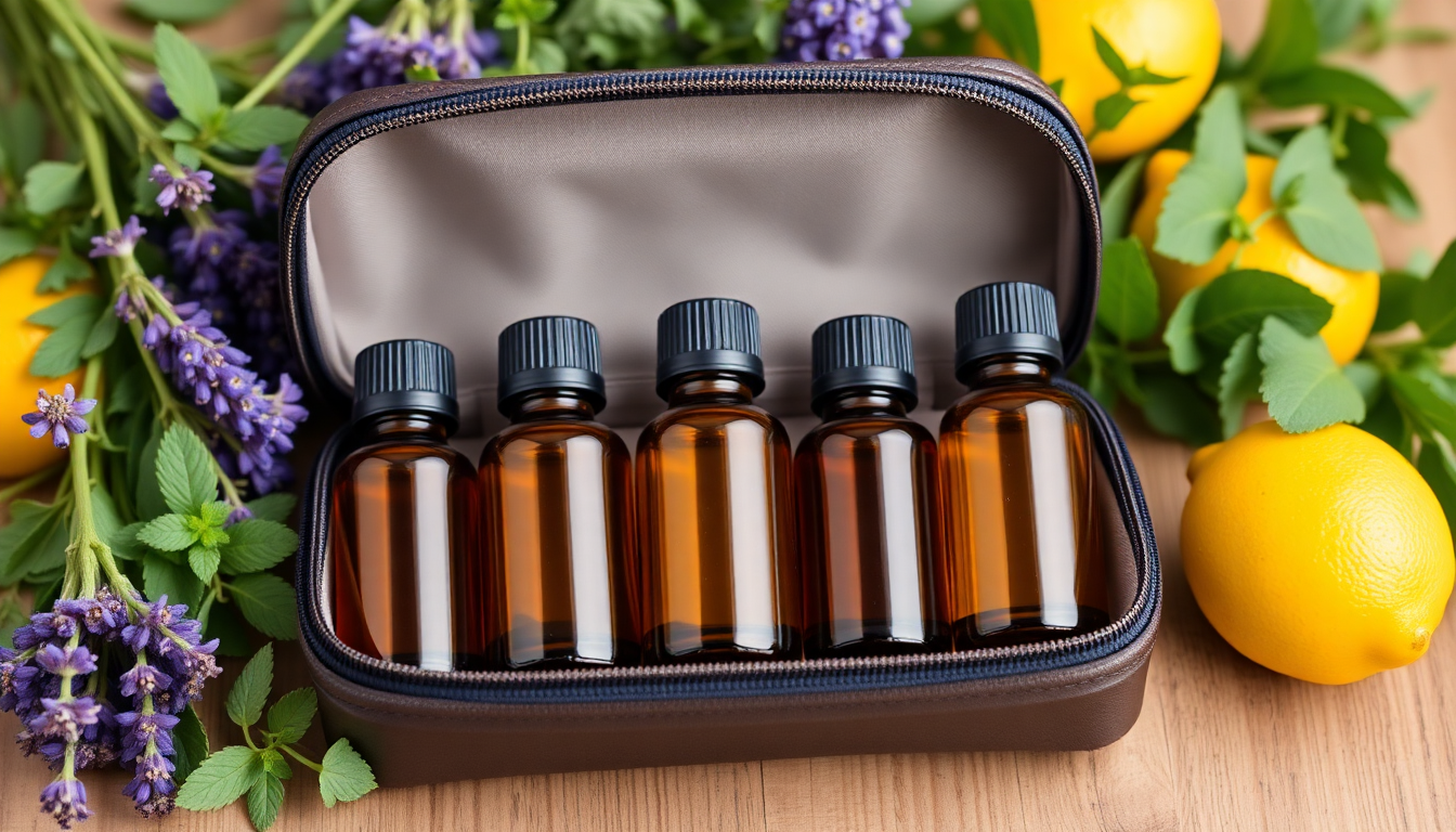 a travel case with 5 amber bottles in it and surrounded by lavender, peppermint and lemons