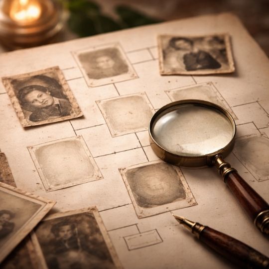 Arbre transgénérationnel ancien avec branches incomplètes et zones vides symbolisant les silences familiaux