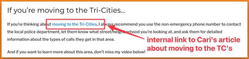 screenshot of a blog post with internal links