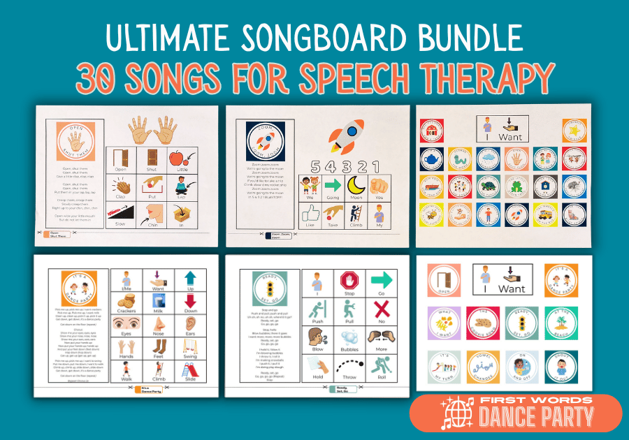 A songboard bundle that features song boards for 20 classic children's songs and 10 original songs for speech therapy, as well as song choice boards and song choice cards.