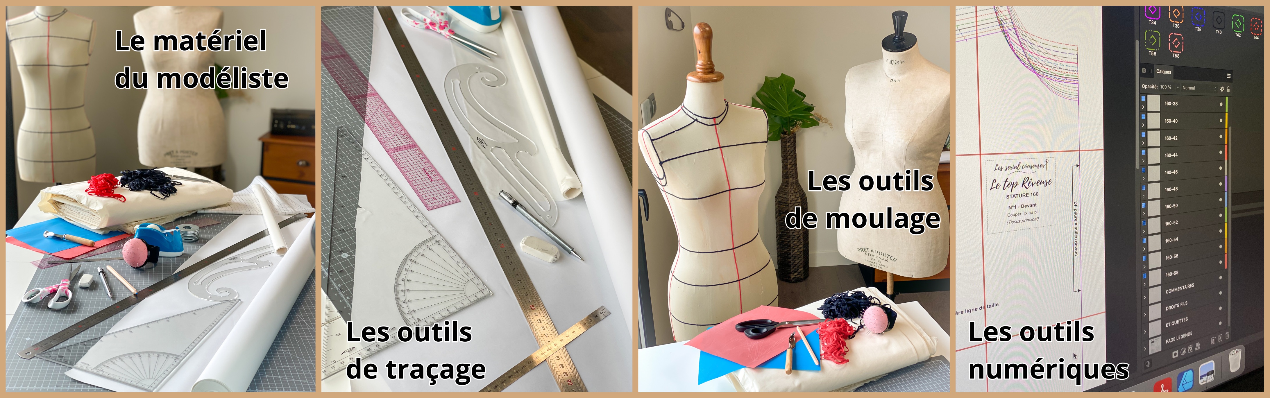 Illustration du matériel du modélistes : outils de traçage, outils de moulage et outils numériques