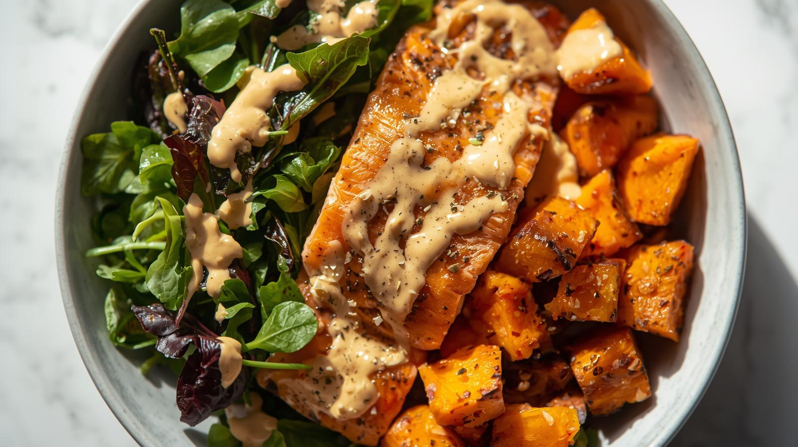 Anti-inflammatory salmon power bowl with sweet potatoes, greens, and tahini dressing