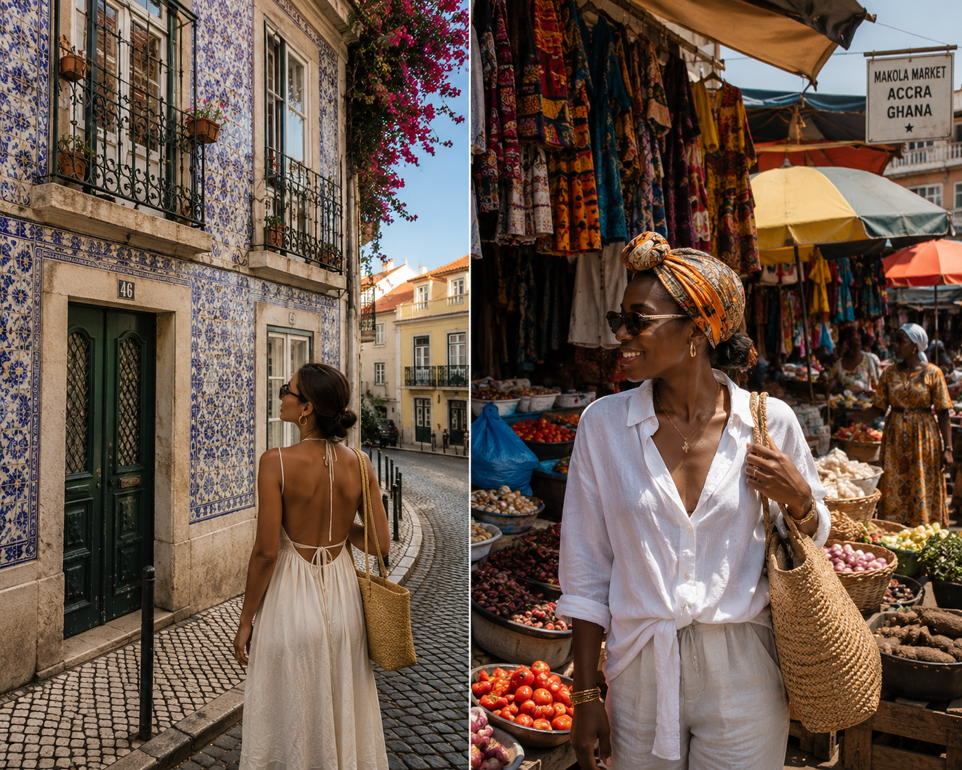 A comparison of a woman enjoying the intricate blue and white azulejo tile facade on a historic building in Lisbon's Alfama district and a woman enjoying the vibrant colors in a street market in Accra