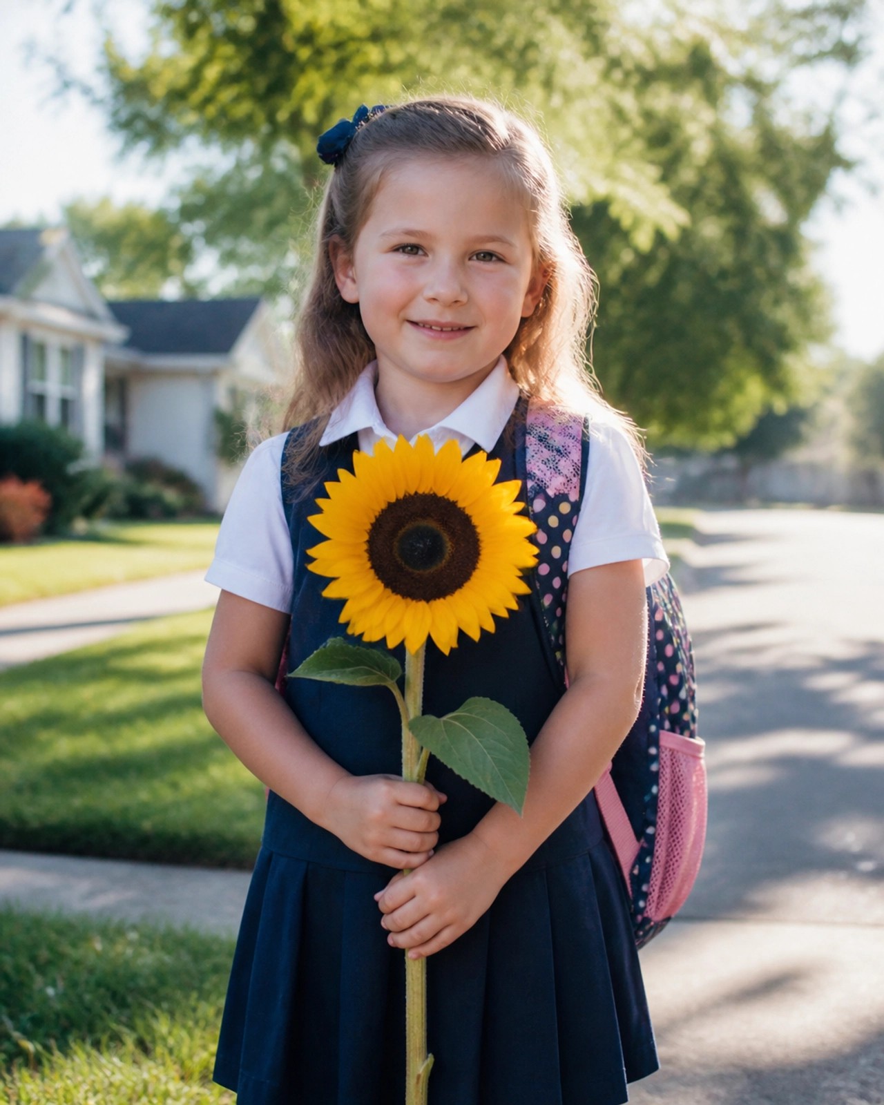 A young girl in a simple school dress holding a large, bright sunflower on a sunny morning, capturing the nostalgia of the first day of school.