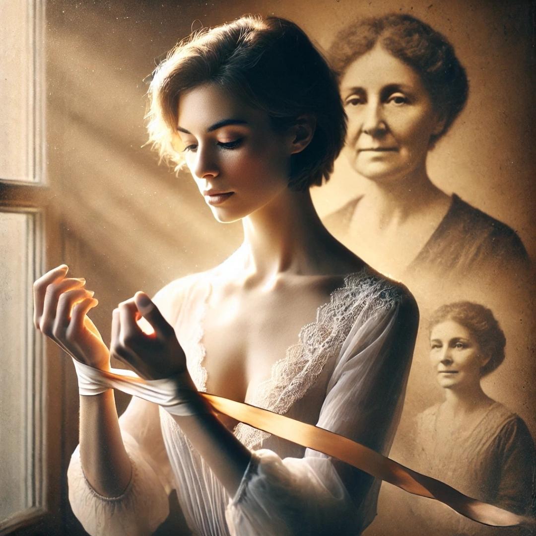 Femme détachant un ruban de ses poignets dans une lumière douce, avec en arrière-plan ses ancêtres, symbolisant la libération des loyautés familiales