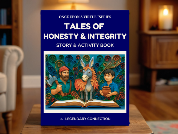 Book Once Upon A Virtue: Tales of Honesty & Integrity sitting on a table in a cozy living room.