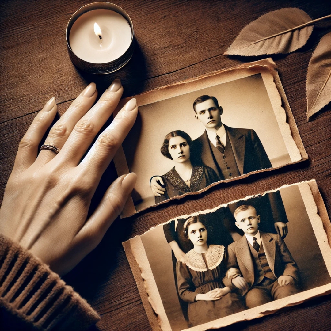 Photo de famille ancienne déchirée, symbole d’une blessure d’injustice transgénérationnelle, touchée par une main féminine moderne.