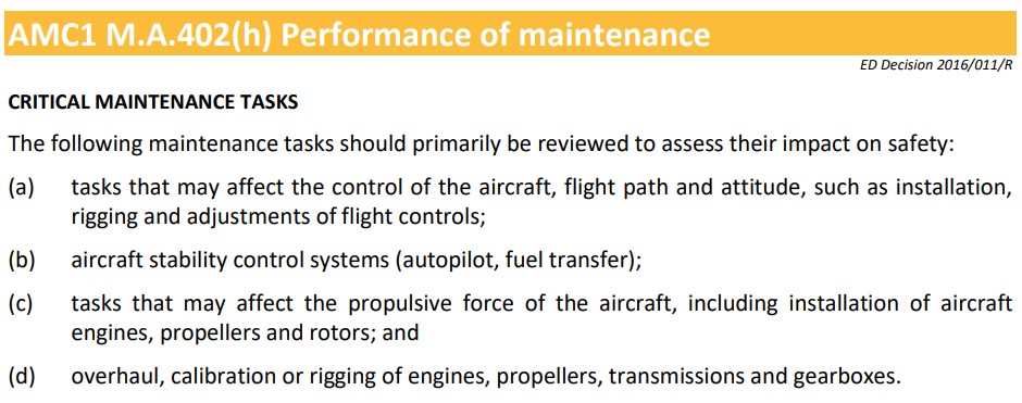 Screenshot of EASA AMC1 M.A.402(h) Performance of Maintenance guidelines for identifying critical maintenance tasks (CMTs) 