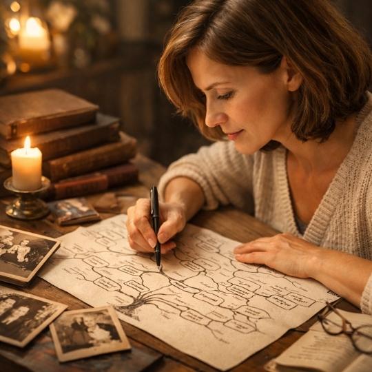 Femme concentrée étudiant un arbre généalogique sur papier, ambiance douce et intime
