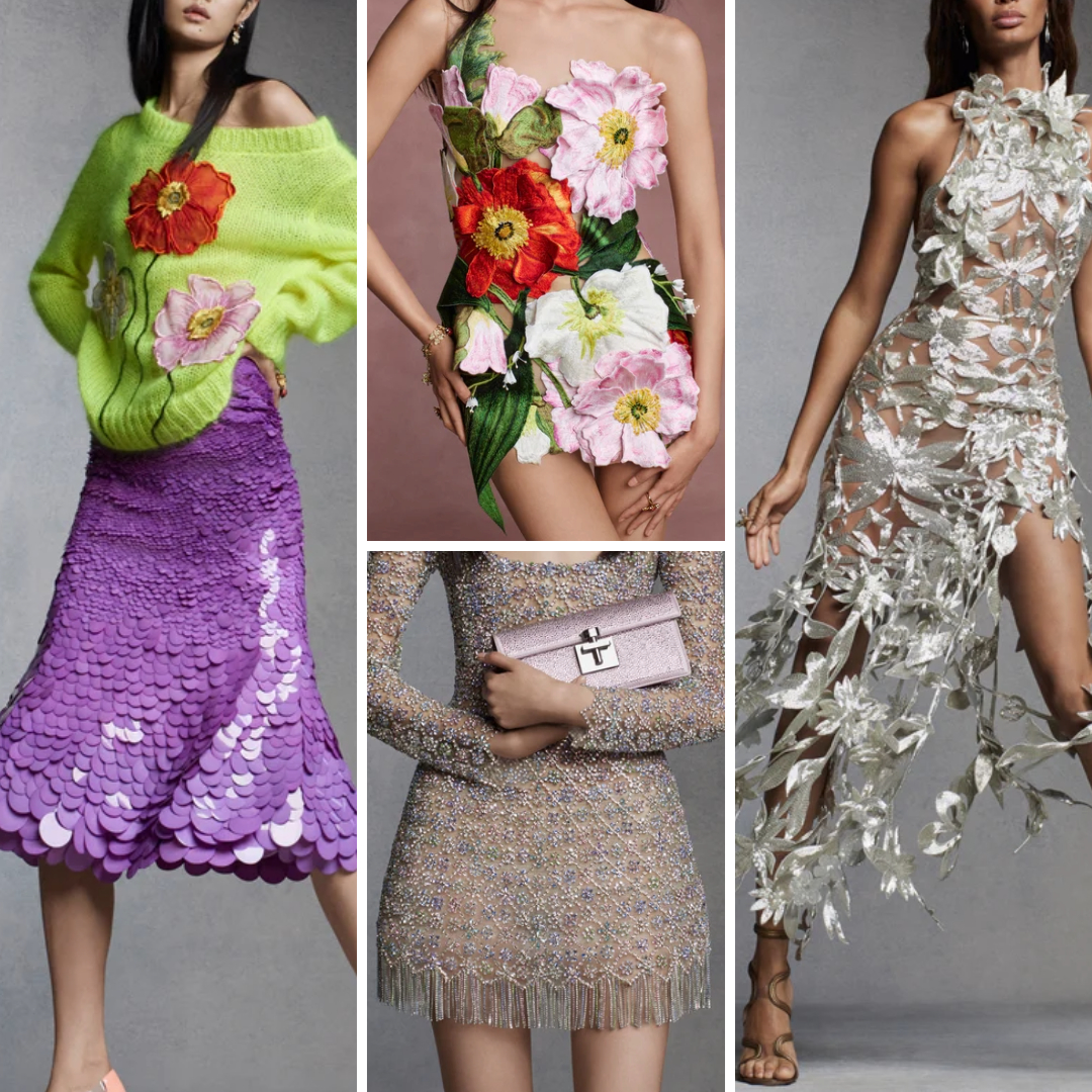 Spring 2024 collage of embroidery from Oscar de la Renta, showing oversized florals, sequin work, and bold silhouettes.