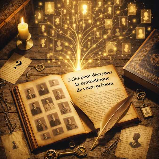 Livre ancien ouvert avec des portraits d’ancêtres et un arbre lumineux en jaillit, représentant les clés symboliques liées au prénom dans le cadre transgénérationnel.