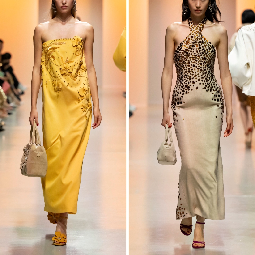 A yellow strapless dress adorned with floral appliqués and beadwork alongside a sleek leopard-pattern gown, part of Georges Hobeika's Ready-to-Wear Spring 2025 collection.
