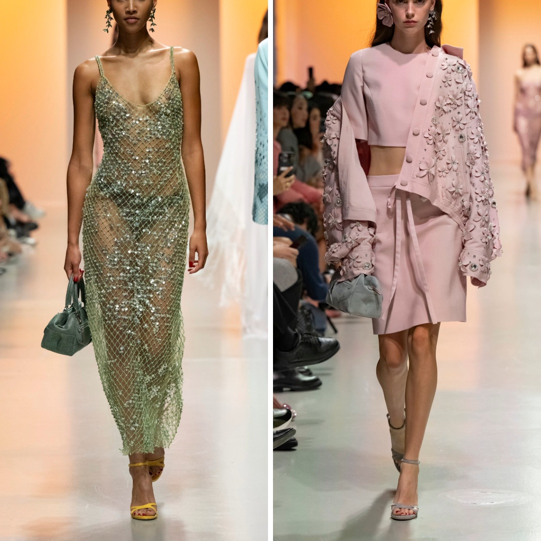  A shimmering green sequin gown alongside a blush pink cropped jacket with floral embellishments, presented in Georges Hobeika's Ready-to-Wear Spring 2025 collection.