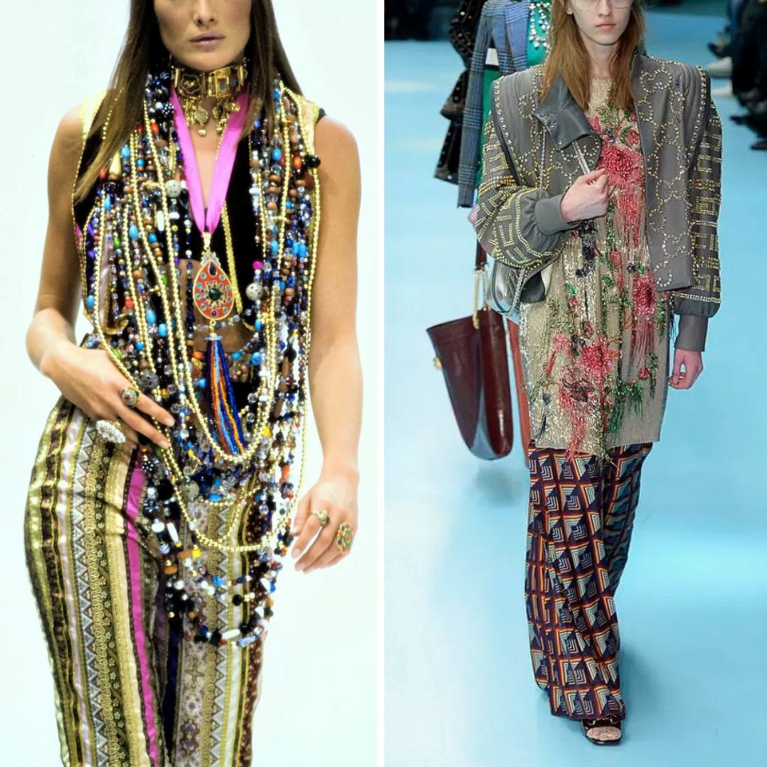 Collage of two runway looks: left, Dolce & Gabbana Spring 1993 model layered in multicoloured bead necklaces over striped jacquard trousers; right, Gucci Fall 2018 model wearing an oversized embroidered jacket with organic sequin and bead embellishments on a sheer tunic, paired with geometric wide-leg trousers.