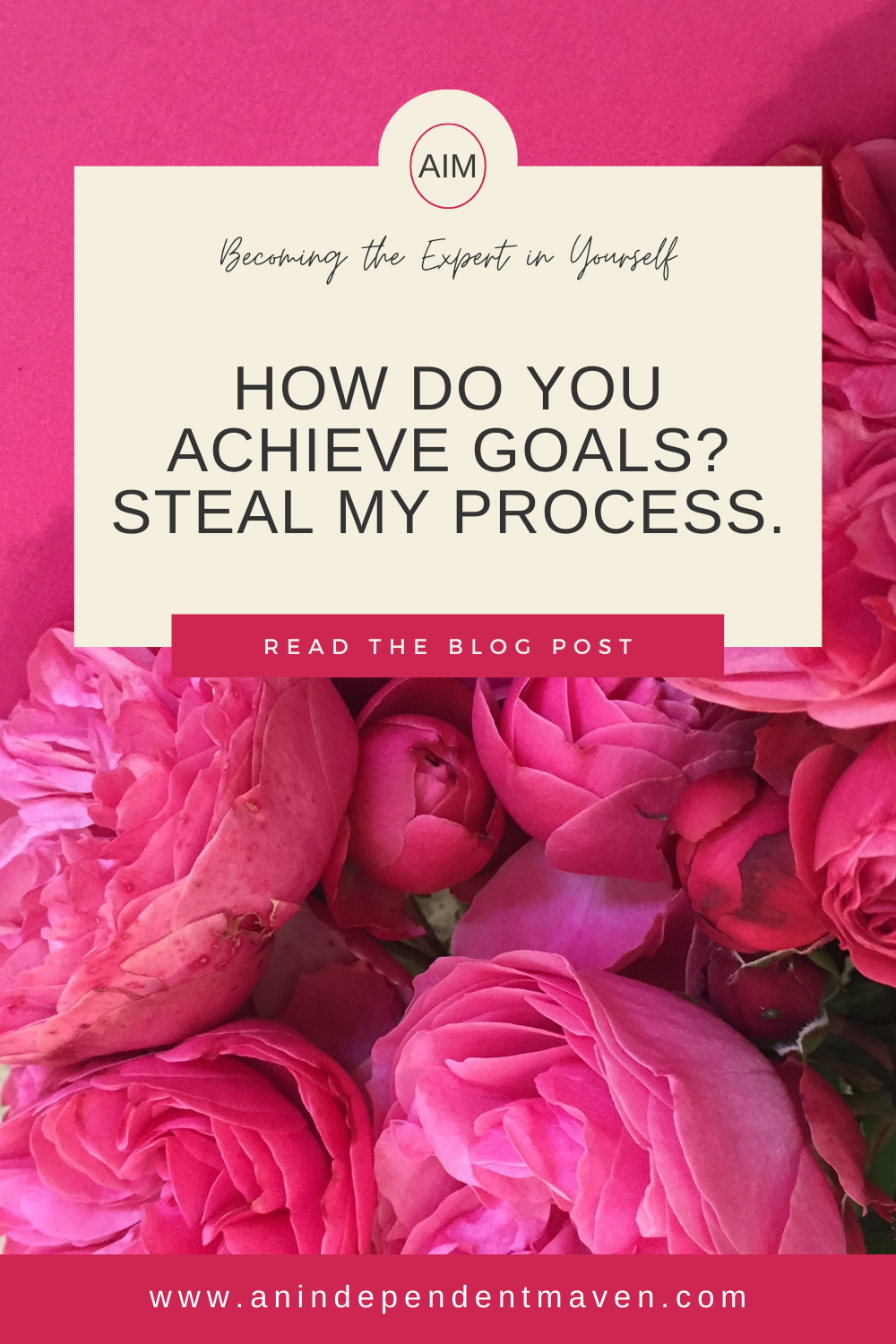 Pink roses against a vibrant pink background with a text overlay: "How do you achieve goals? Steal my process." Encourages reading the blog post.