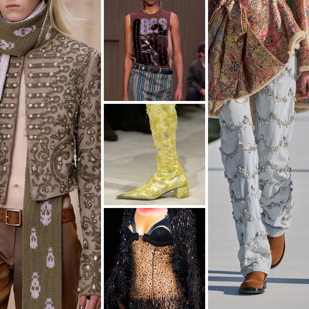 Fall/Winter 2026 Fully Loaded examples featuring ornate embroidery, pearls, oversized paillettes, beaded sheer fabrics and embellished denim.