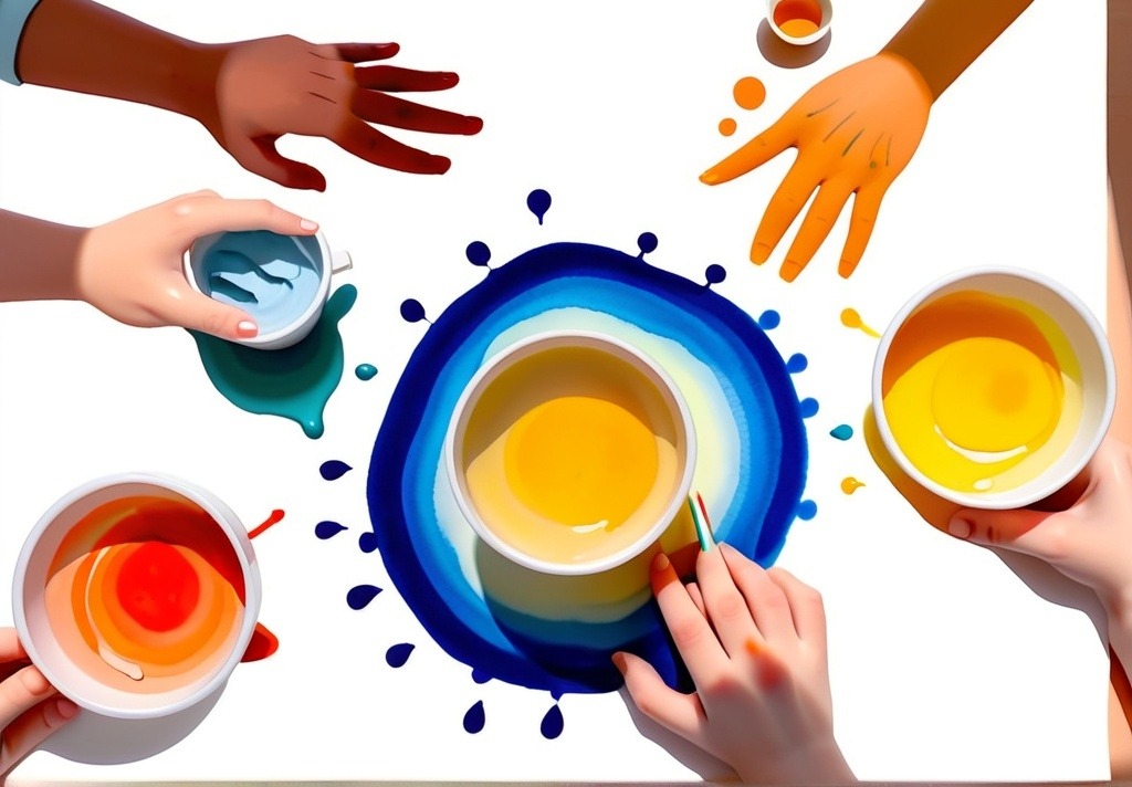 Small hands mixing colours in clear cups