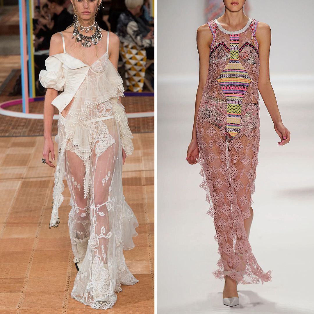 Collage of two runway looks: left, Alexander McQueen Spring 2017 sheer dress made from layered white lace, tulle, and organza with a deconstructed silhouette; right, Custo Barcelona Spring 2014 sheer pink lace dress featuring a bold central embroidered panel and geometric motifs.