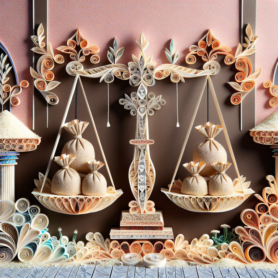 A balance scale with bags of rice on each side. Image in the style of paper quilling.