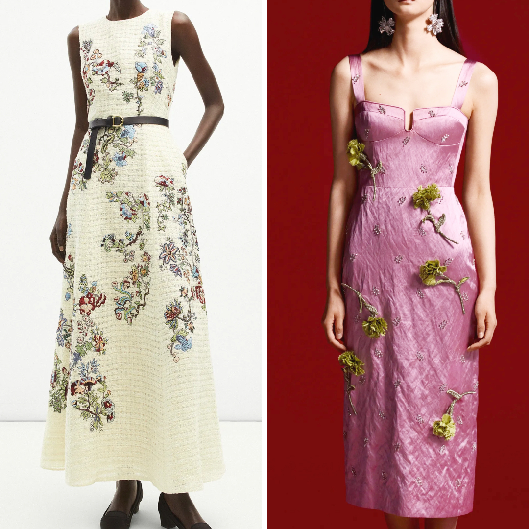 A collage emphasizing floral embroidery trends: Left, a cream Adam Lippes Resort 2025 gown with colorful floral embroidery in whimsical patterns; Right, a pink Erdem Resort 2025 dress with 3D floral appliqués and small bead details, creating a romantic and elegant look