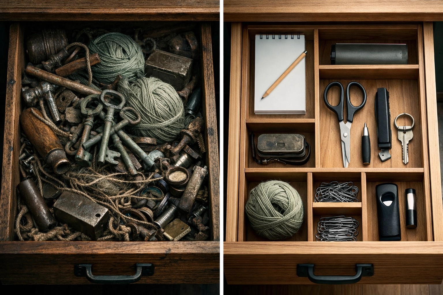A messy but charming junk drawer filled with old keys, twine, and random bits, next to a photo of a clean, organized version of the same drawer. Brighter, hopeful lighting.