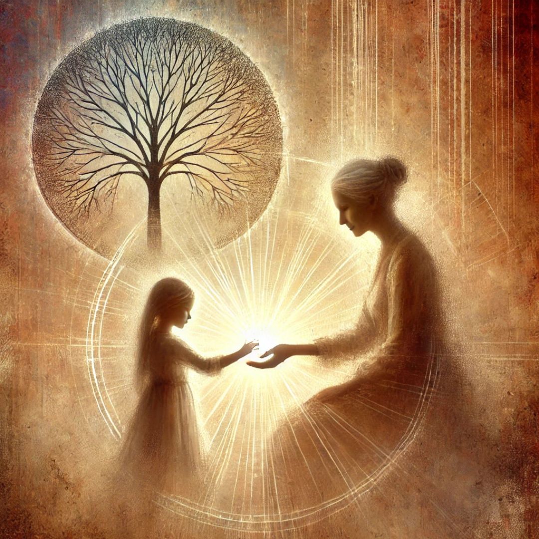 Image poétique d'une femme et d'une enfant se transmettant une lumière, symbole de guérison transgénérationnelle consciente